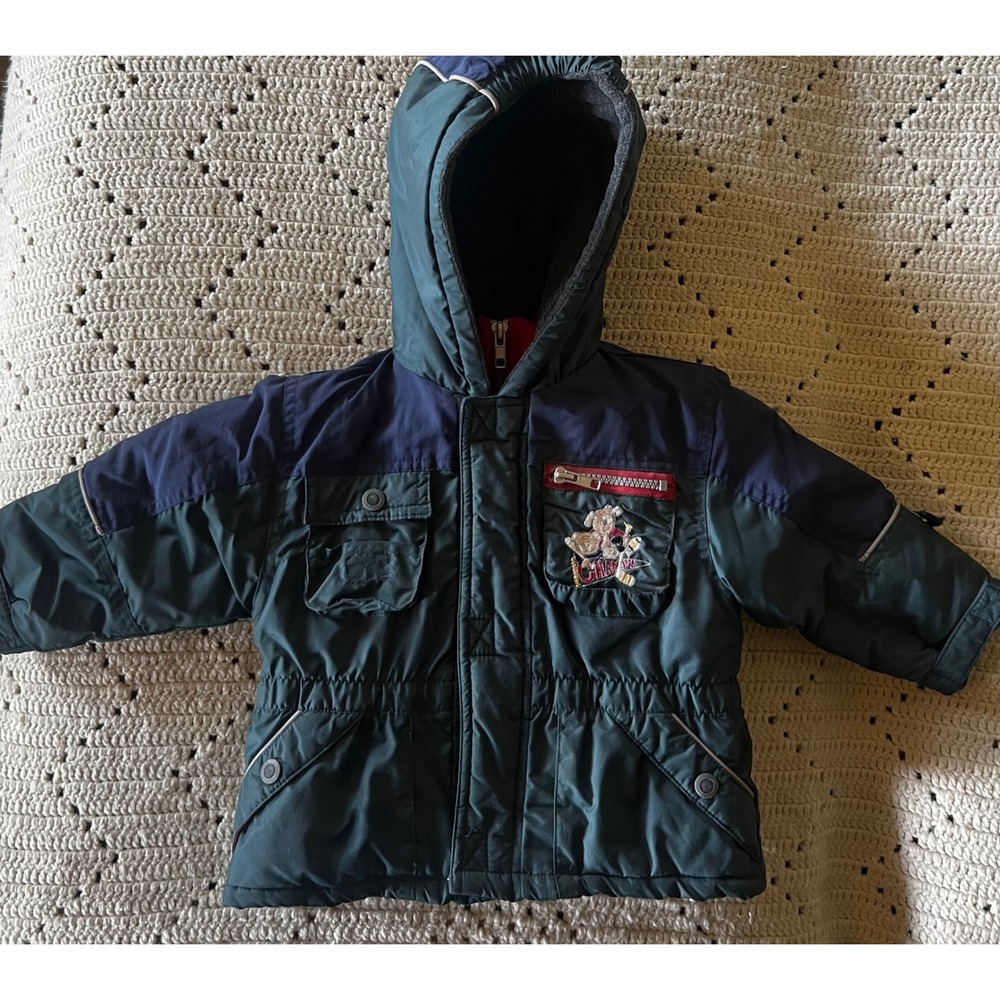 Weather Tamer Kids Green Navy Blue Hooded Winter Jacket Hockey Bear Size 24M